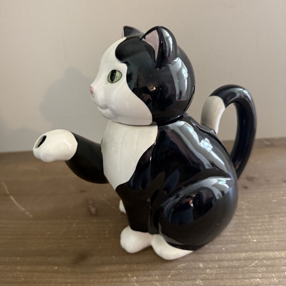 Vintage Black & White Tuxedo Cat Teapot by Applause